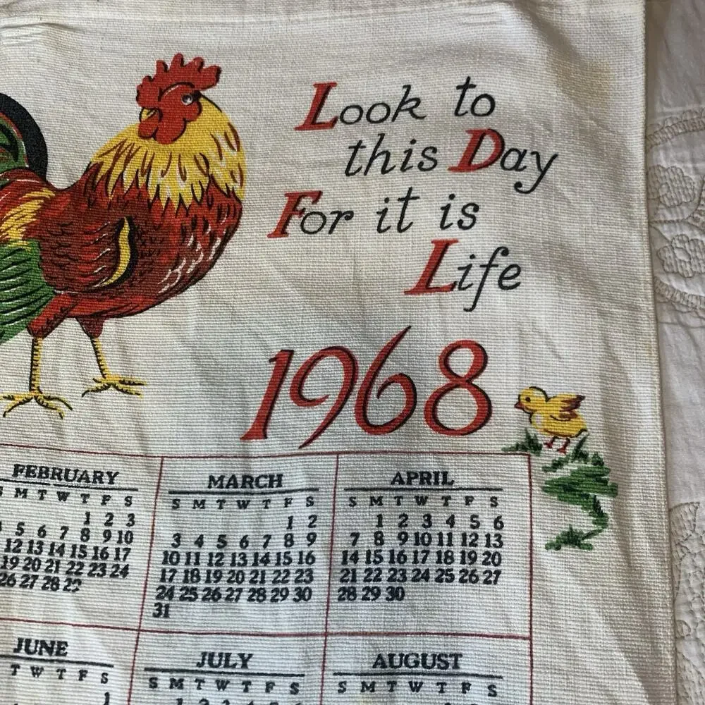 Vintage Tea Towel 1968 Calendar Rooster 16 X 25